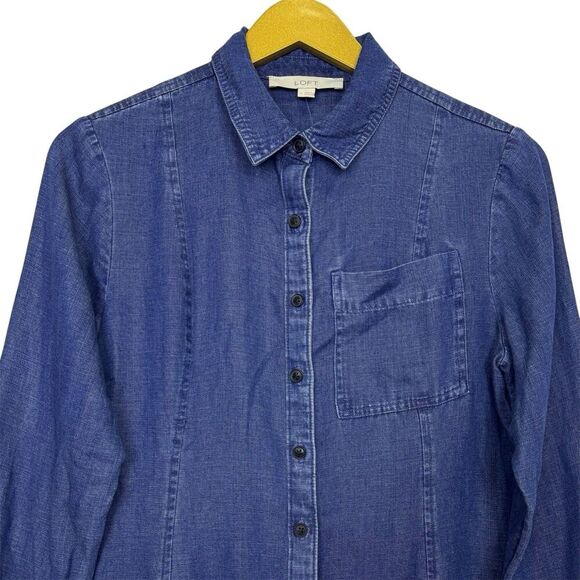 Loft Chambray Shirt Midi Maxi Dress Size 0 Blue Long Sleeves Pockets Linen Blend - Picture 4 of 7
